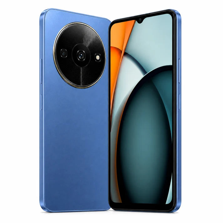 Blue smartphone with dual rear cameras and front display, dual SIM design