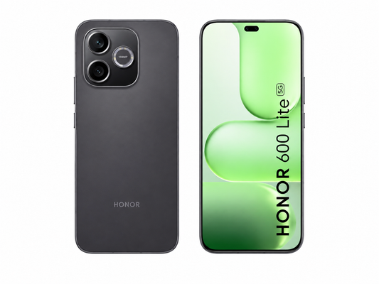 HONOR 600 Lite 5G Black smartphone rear with dual cameras and matching green front