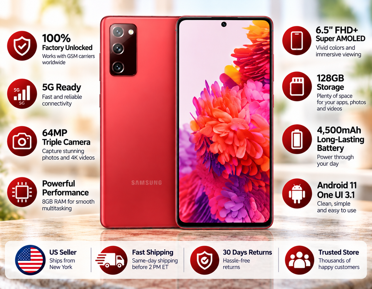 Samsung Galaxy S20 FE Cloud red smartphone with front AMOLED-style display and triple rear camera modules