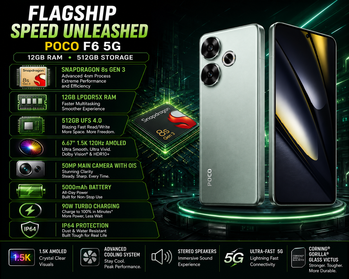 Xiaomi Poco F6 5G 512GB 12GB RAM Dual SIM Unlocked - Green Xiaomi Poco F6 5G 512GB 12GB RAM Dual SIM Unlocked - Green