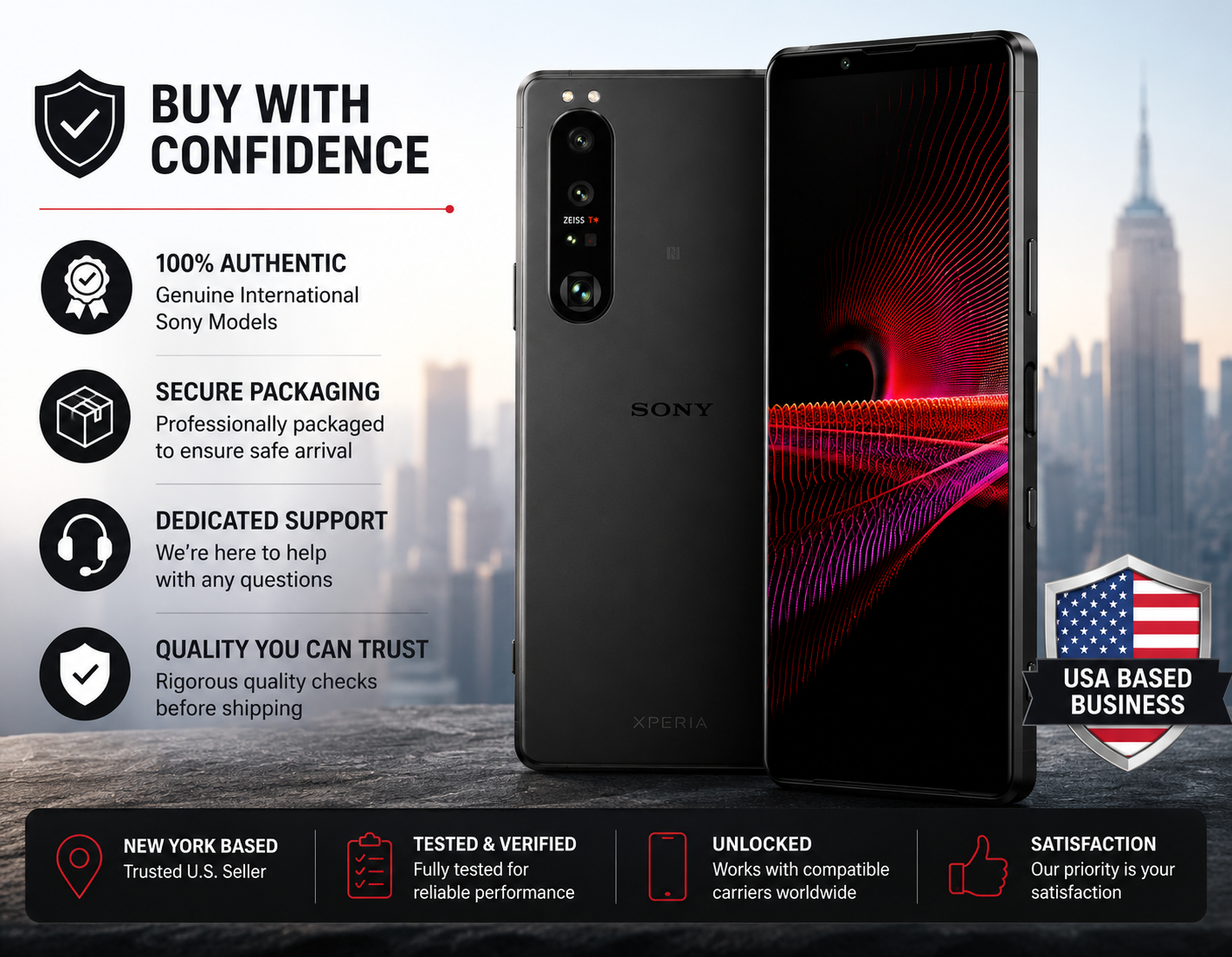 Frosted black Sony Xperia 1 III smartphone with assurance icons and badges