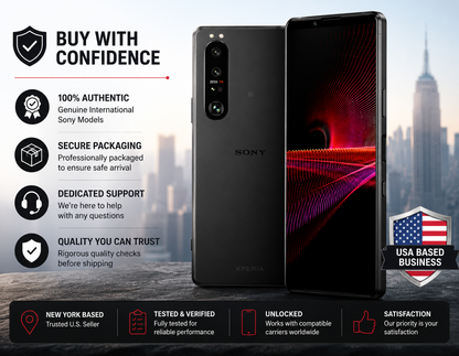 Frosted black Sony Xperia 1 III smartphone with assurance icons and badges