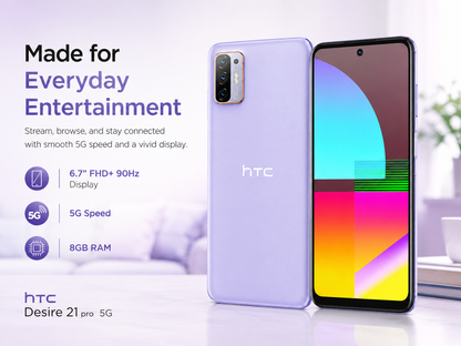 HTC Desire 21 Pro 5G  Purple HTC smartphone with front display and rear camera module, dual SIM phone