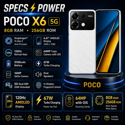 Xiaomi Poco X6 5G 256GB ROM 8GB RAM Dual SIM GSM Unlocked - white