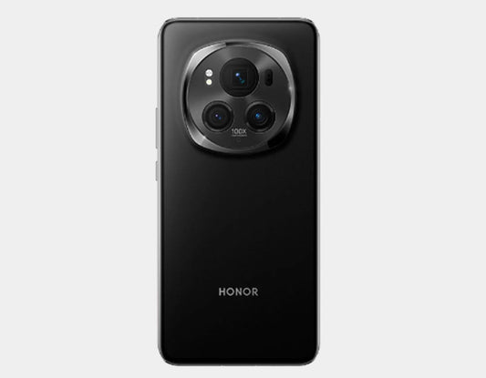 Black smartphone back with triple camera module and HONOR logo.