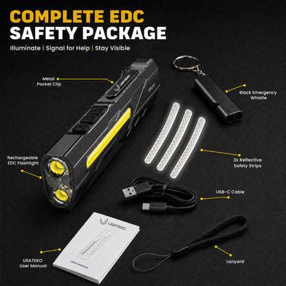USATEKO T9 Pro Rechargeable Flashlight, 1500 Lumens, 365nm UV, Magnetic Base, IPX6 Compact flat USB-C flashlight with side work light and clip.