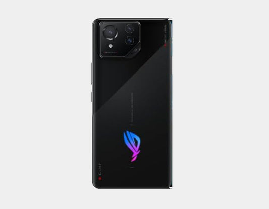 Smartphone back view with triple-camera module and ROG logo, dark finish