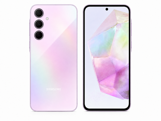 Awesome Lilac Samsung Galaxy A55 5G smartphone, back and front close-up