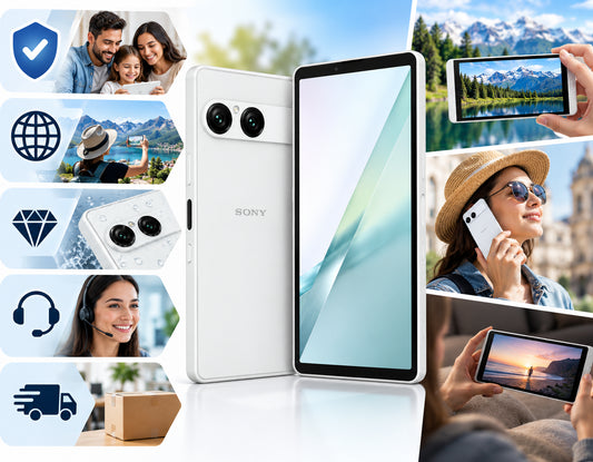 Sony Xperia 10 VIII XQ-GH74 5G  White smartphone center in lifestyle collage with outdoor photos and video calls