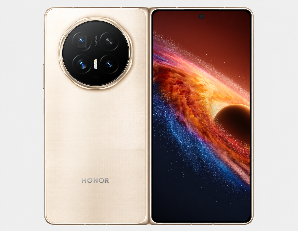 Honor Magic V6 5G Gold Honor foldable smartphone, front and back side-by-side showing hinge opening