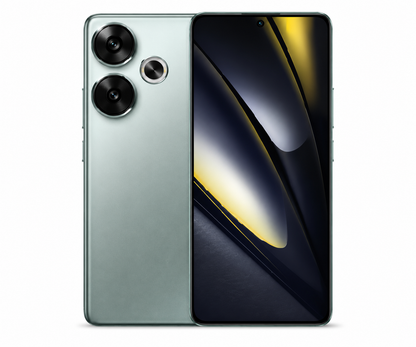 Front and back view of green Xiaomi POCO F6 5G smartphone with triple rear cameras