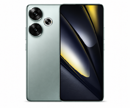 Front and back view of green Xiaomi POCO F6 5G smartphone with triple rear cameras
