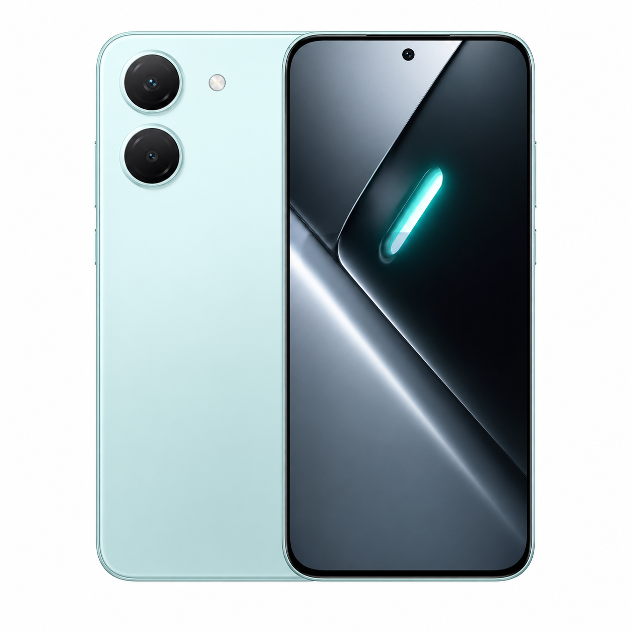 Green smartphone close-up with front display and rear dual cameras