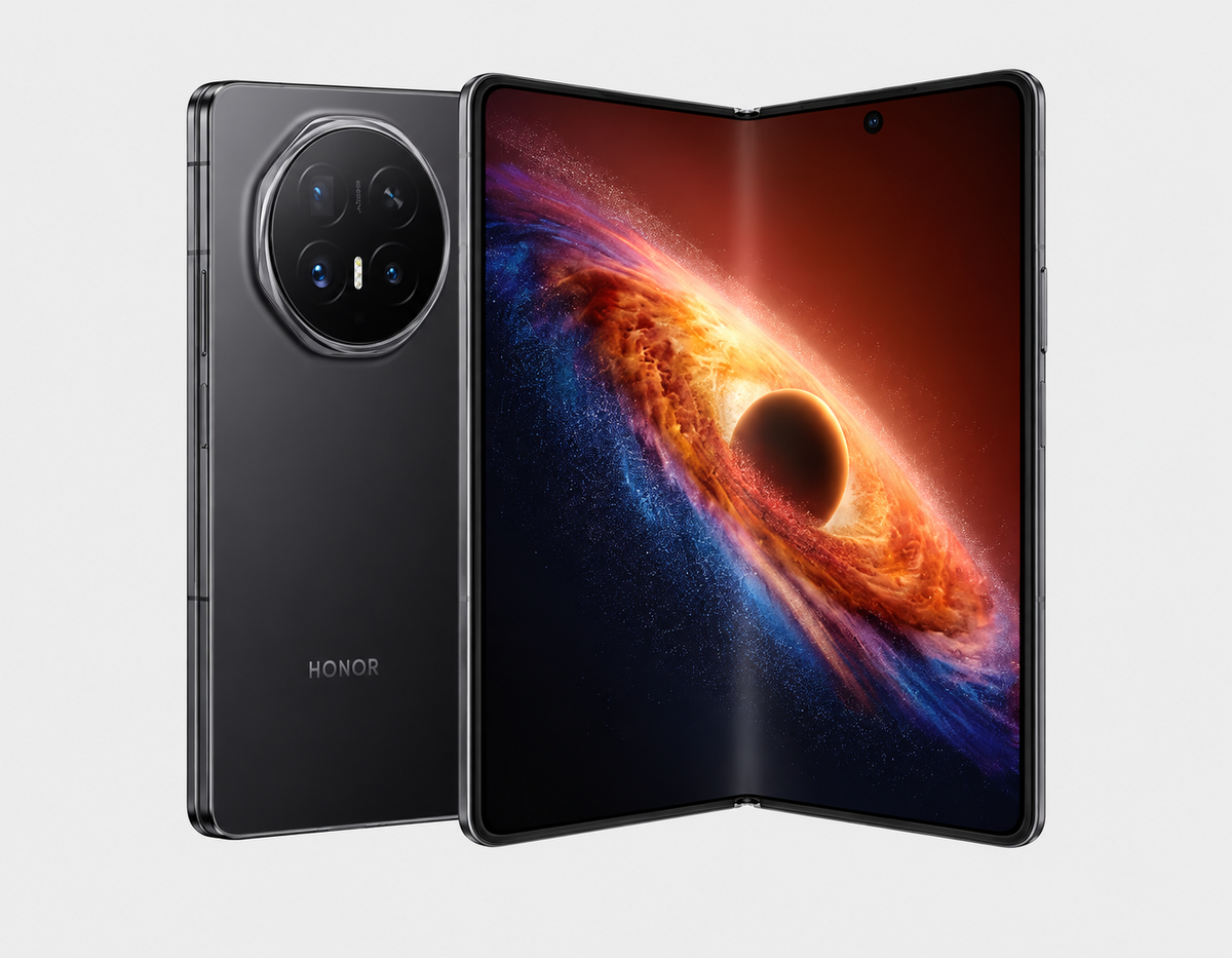 Honor Magic V6 5G Black foldable smartphone opened, dual screens and rear camera visible