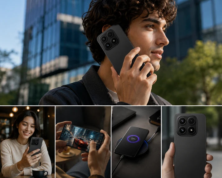 XIAOMI Redmi 17 5G Man holding a black Xiaomi smartphone to his ear with quad camera visible