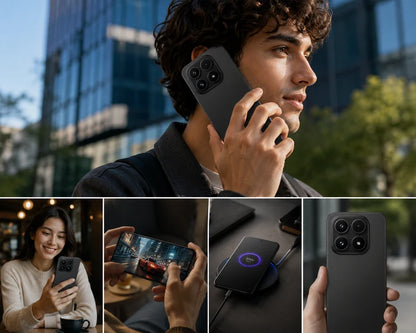 XIAOMI Redmi 17 5G Man holding a black Xiaomi smartphone to his ear with quad camera visible