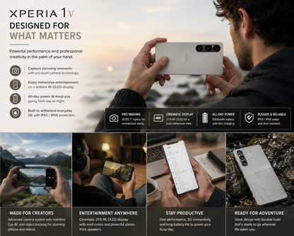 Silver Sony Xperia 1 V smartphone held in hands, rear cameras and logo visible