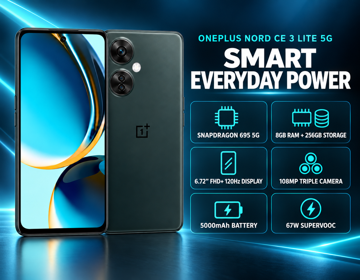 ONEPLUS Nord CE 3 Lite 5G smartphone in Chromatic Gray, front and back with rear cameras