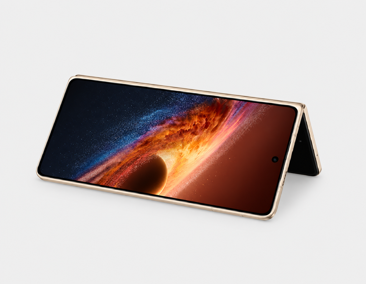 Honor Magic V6 5G Gold Honor foldable smartphone tilted open, showing outer display and hinge