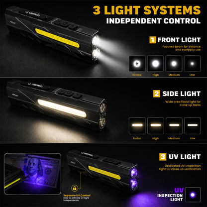 USATEKO T9 Pro Rechargeable Flashlight, 1500 Lumens, 365nm UV, Magnetic Base, IPX6 Compact flat USB-C flashlight with side work light and clip.