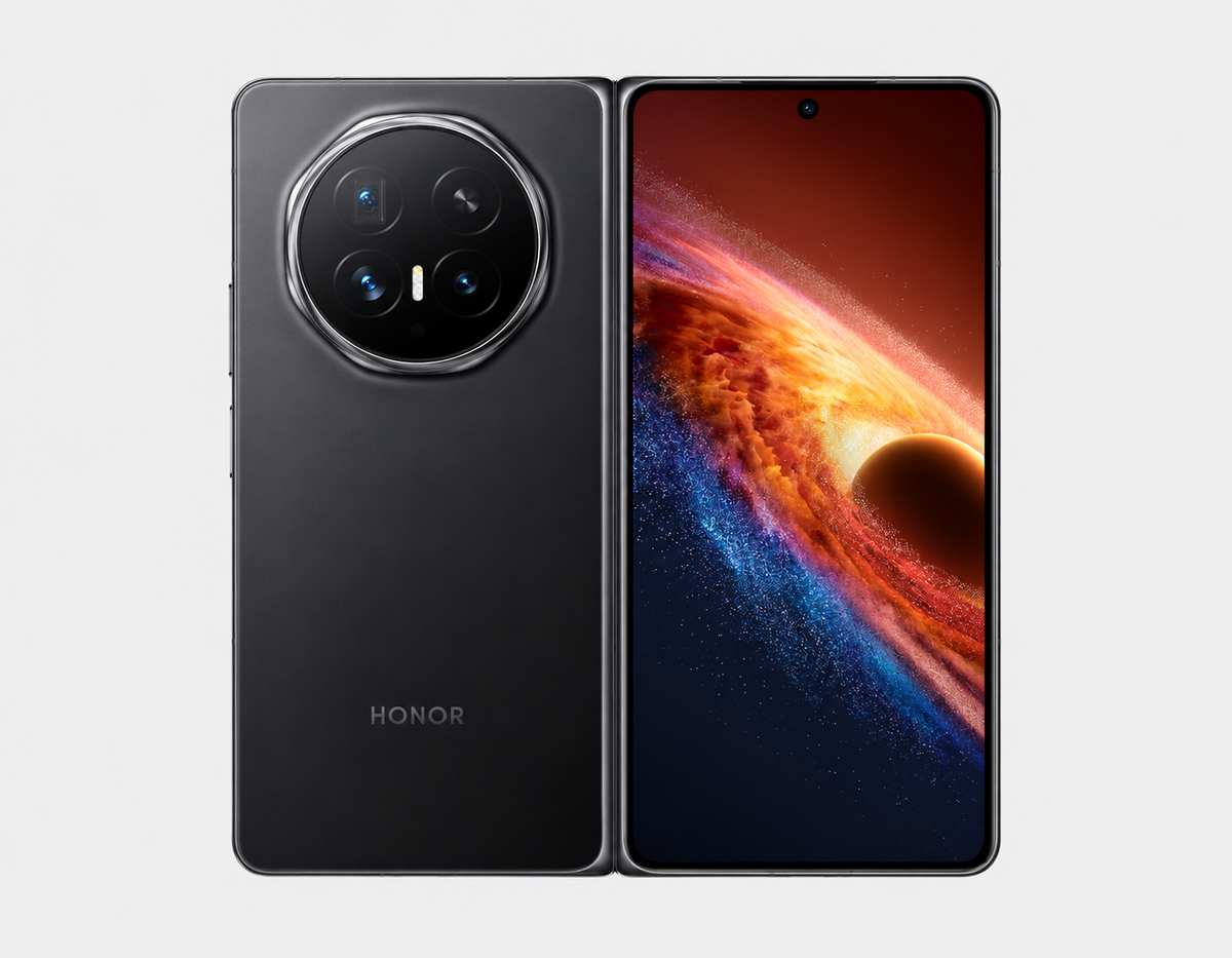 Honor Magic V6 5G Black foldable smartphone pair, front and back views side by side