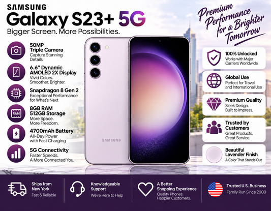 Lavender Samsung Galaxy S23+ 5G smartphone with curved front display and triple rear cameras