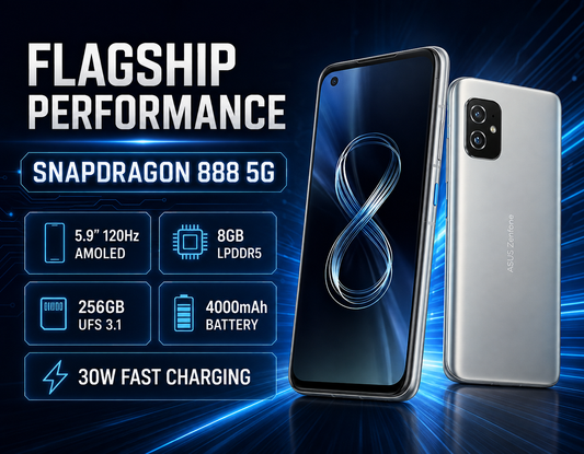 Asus Zenfone 8 Silver smartphone front and back, dual rear cameras and compact profile