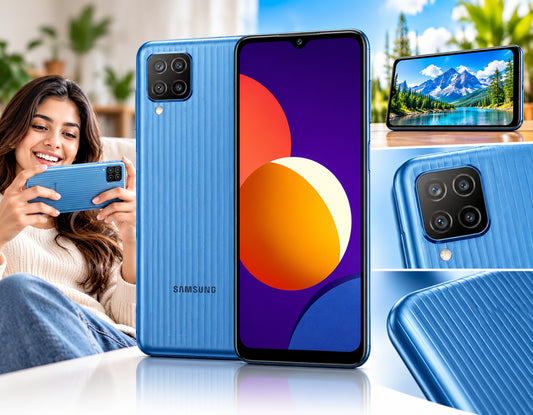 Blue Samsung Galaxy M12 smartphone with screen display and rear camera details