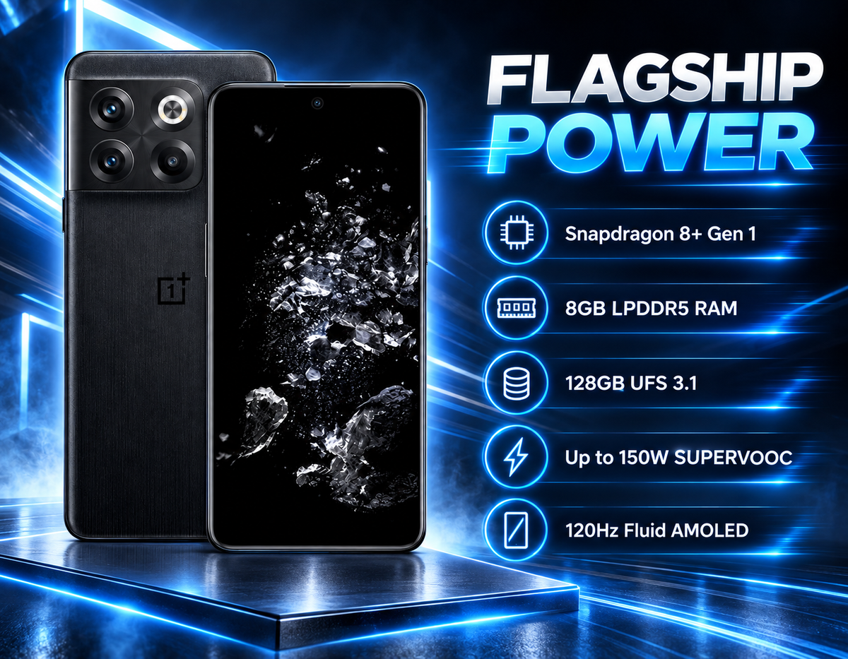 Black OnePlus 10T 5G smartphone front and back on a blue lit platform