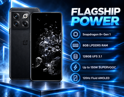 Black OnePlus 10T 5G smartphone front and back on a blue lit platform