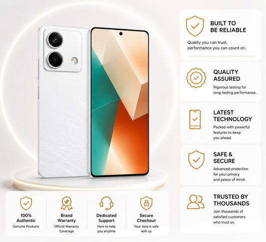 Artic white smartphone with front screen and dual rear camera lenses on a stand.
