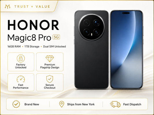 Honor Magic8 Pro 5G  Black smartphone showing front and rear, triple camera module, and curved blue screen.