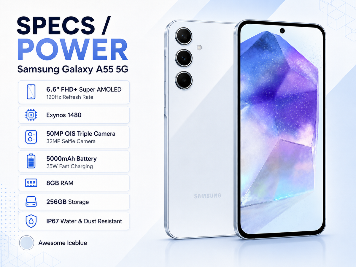 Ice blue Samsung Galaxy A55 5G phone showing front screen and dual rear cameras.