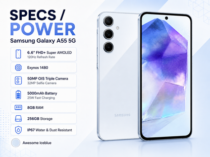 Ice blue Samsung Galaxy A55 5G phone showing front screen and dual rear cameras.