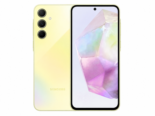 Samsung Galaxy A35 Lemon Samsung smartphone with front and back view, triple rear camera