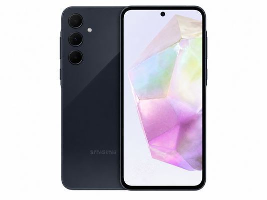 Samsung Galaxy A35 Dark Samsung smartphone front and back view with triple rear camera module