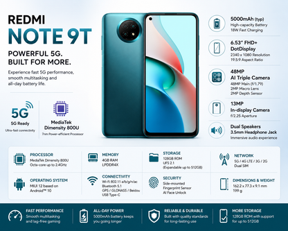 Xiaomi Redmi Note 9T Dark teal 5G smartphone front and back view, triple rear cameras visible