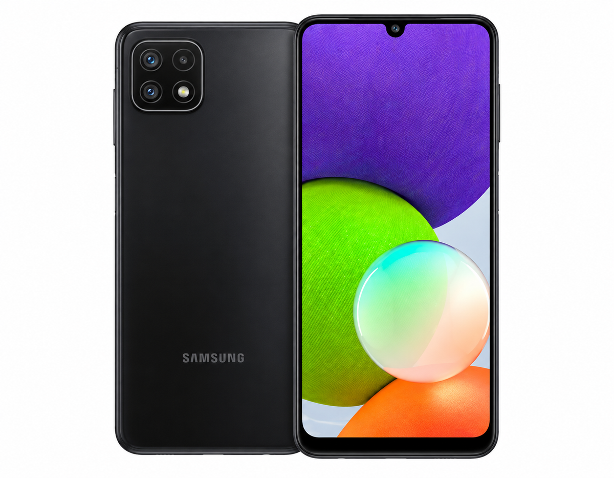 Samsung Galaxy A22 4G Black Samsung Galaxy smartphone showing back and front display with triple camera array