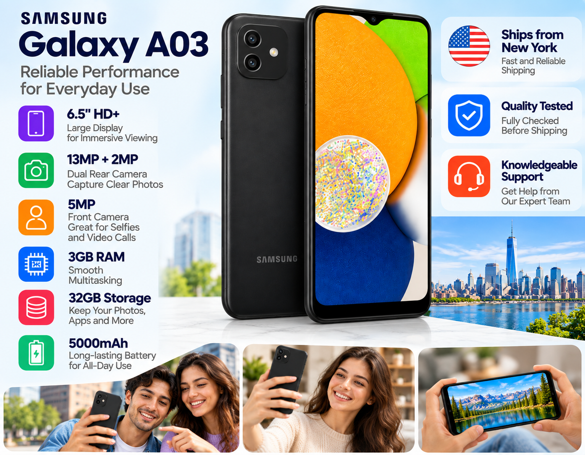 Black Samsung Galaxy A03 smartphone with front display and dual rear cameras