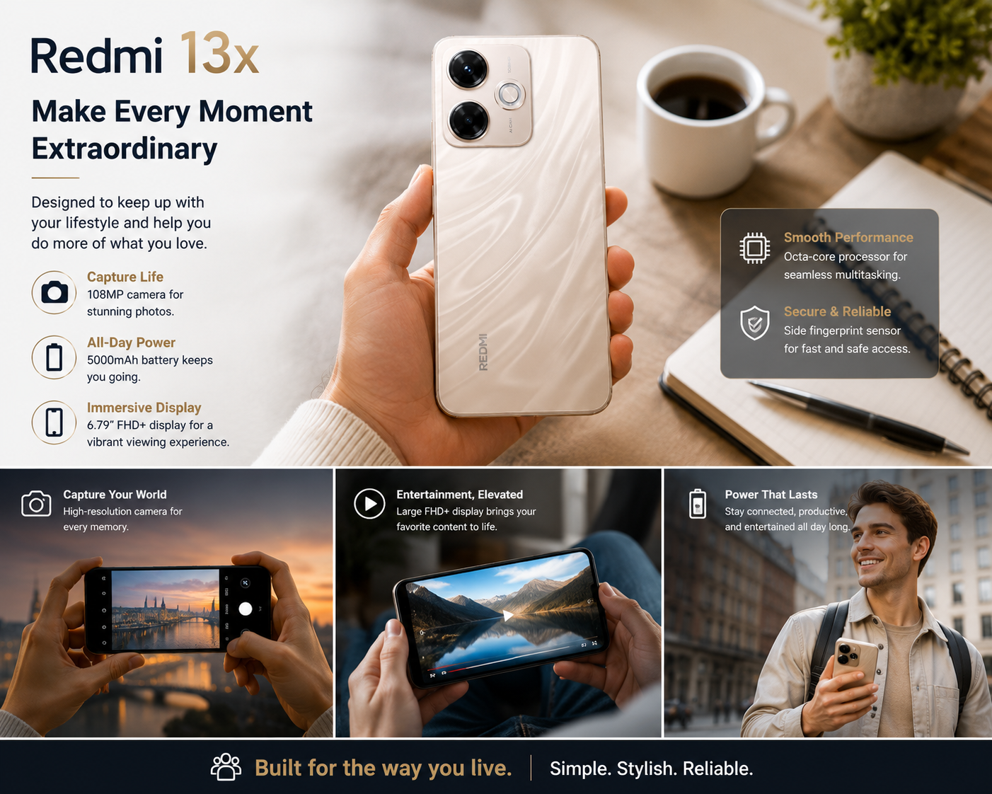 Gold Xiaomi Redmi 13X smartphone held in hand, rear cameras facing forward