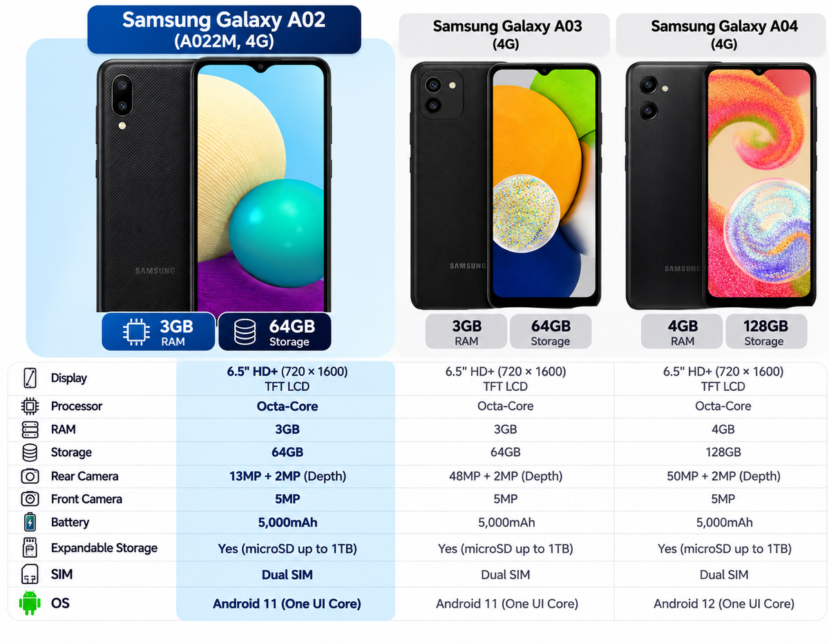 Black Samsung Galaxy A02 dual-SIM phone shown front and back on a spec chart