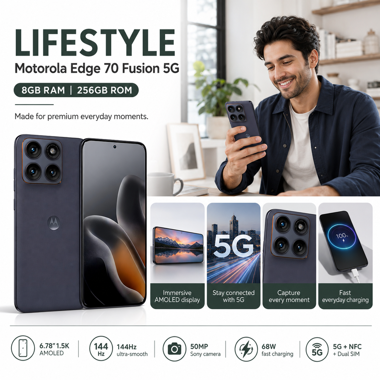 Motorola Moto Edge 70 Fusion 5G Dual-Sim 256GB ROM 8GB RAM GSM Unlocked - Blue