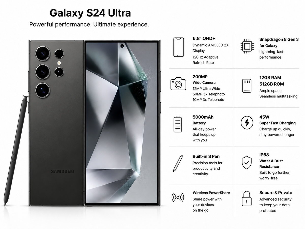 SAMSUNG Galaxy S24 Ultra smartphone in Titanium Black, front display and rear camera array