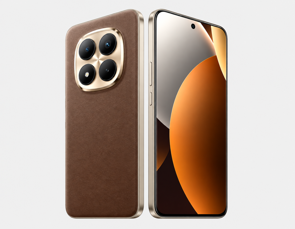 Xiaomi Redmi Note 15 Pro Plus 5G Brown smartphone back view with quad-camera array and side button edge.