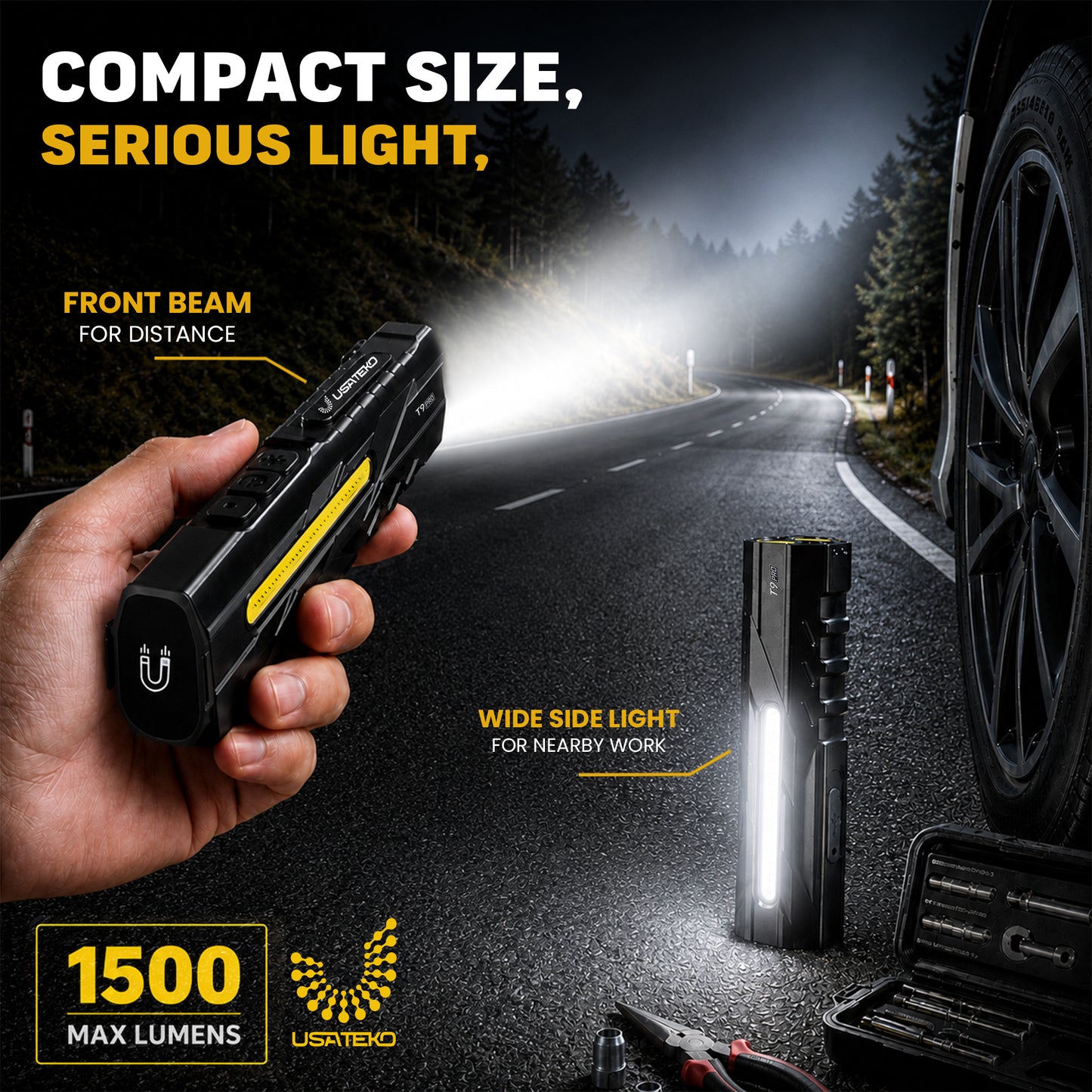 USATEKO T9 Pro Rechargeable Flashlight, 1500 Lumens, 365nm UV, Magnetic Base, IPX6 Compact flat USB-C flashlight with side work light and clip.