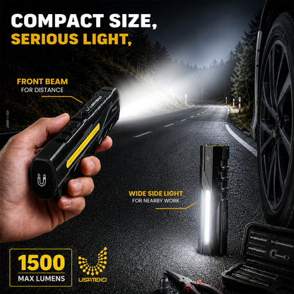 USATEKO T9 Pro Rechargeable Flashlight, 1500 Lumens, 365nm UV, Magnetic Base, IPX6 Compact flat USB-C flashlight with side work light and clip.