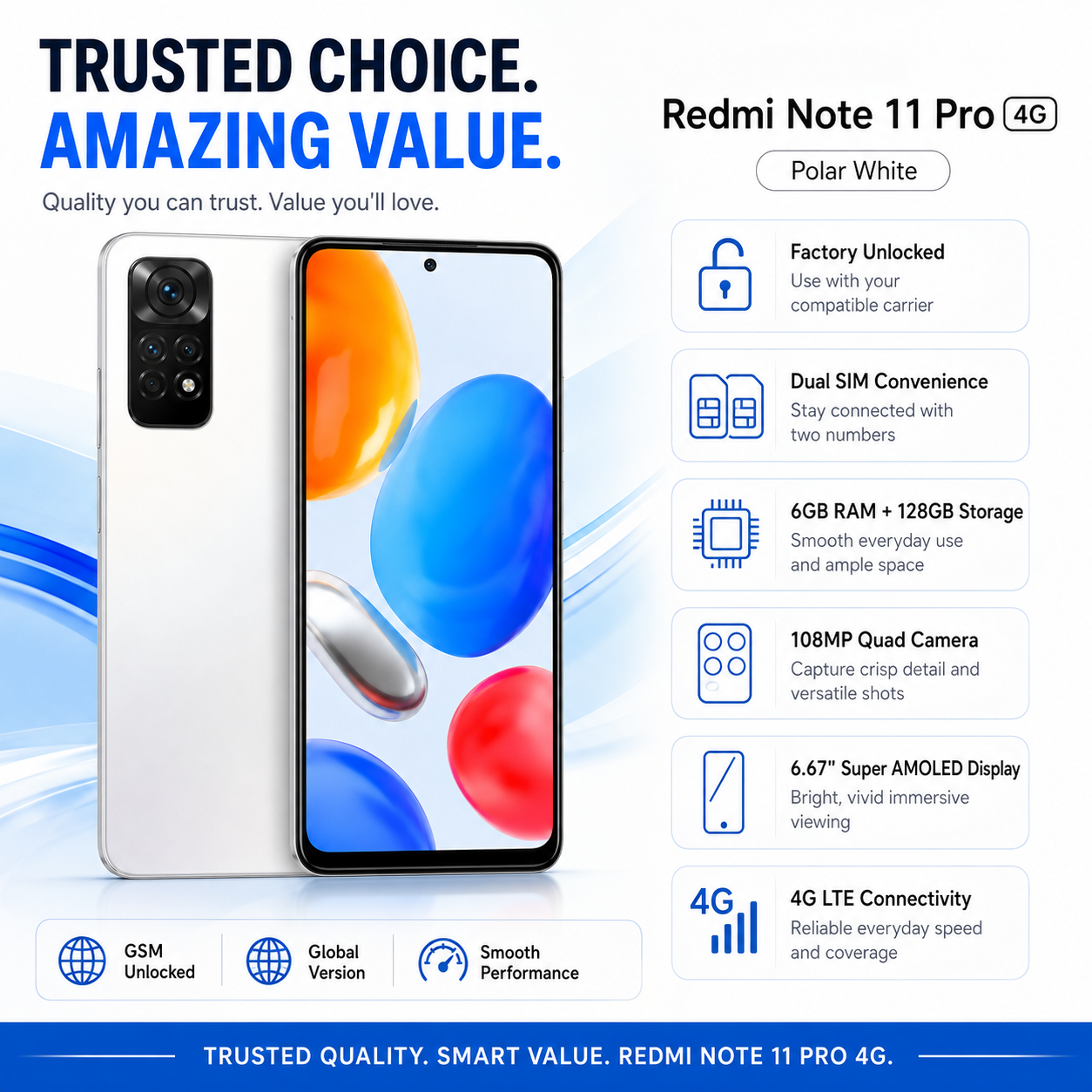 Xiaomi Redmi Note 11 Pro 4G 128GB 6GB RAM Dual SIM GSM Unlocked - Polar White