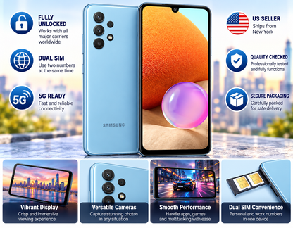 Blue Samsung Galaxy A32 5G smartphone with icon badges for 5G and dual SIM