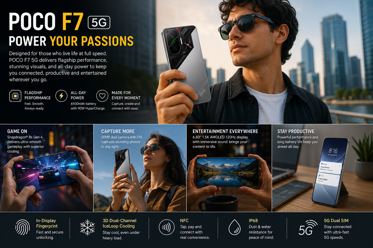 Poco F7 5G phone in hand with people using apps, plus 5G and camera feature icons
