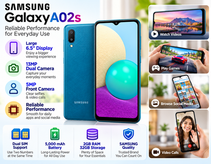 Samsung Galaxy A02 A022G/DS Dual Sim LTE 32GB, 2GB RAM GSM Unlocked - Blue